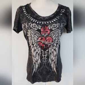 Gray top with cut out design around neck. Size Large